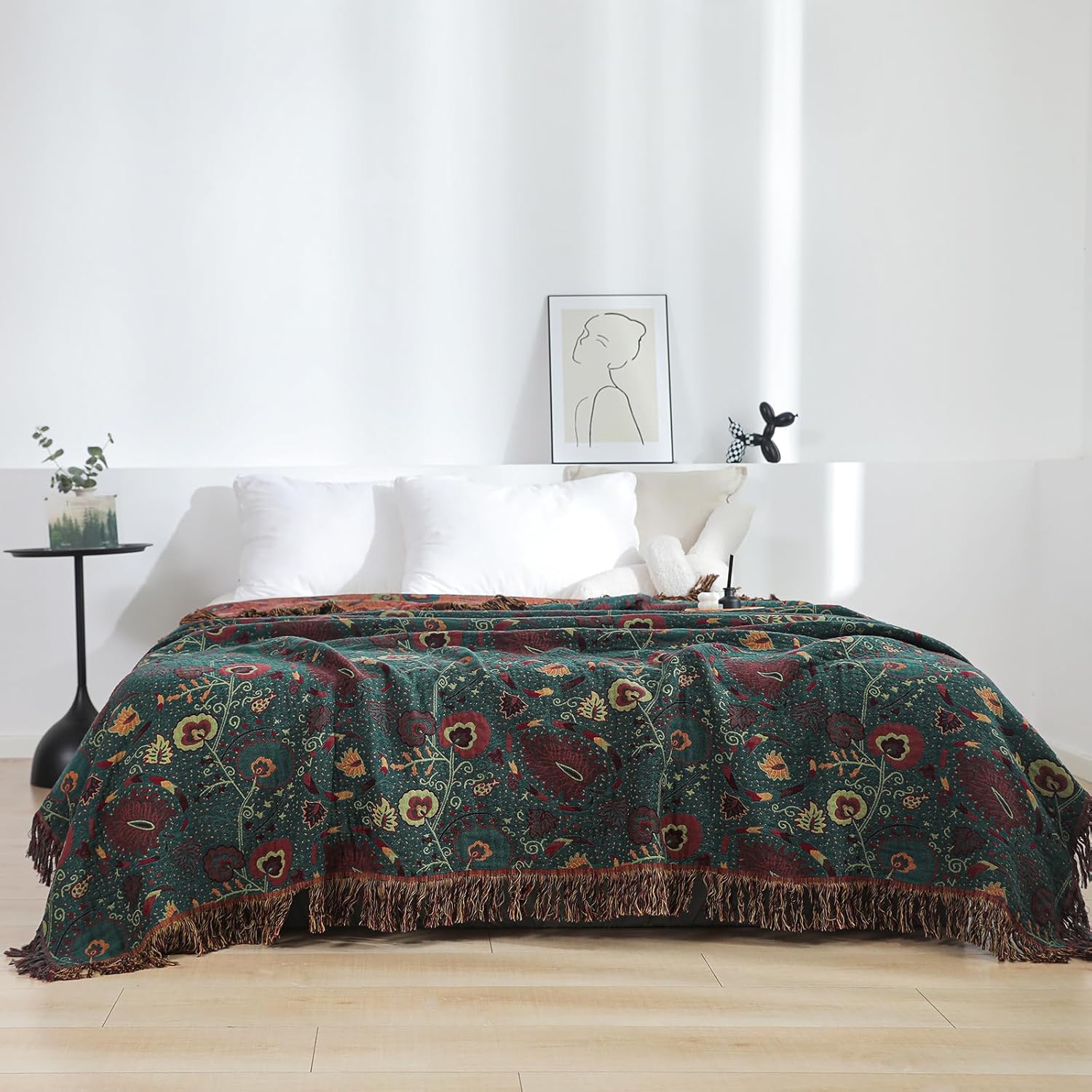 Vintage Cotton Gauze Blanket - Floral Couch Cover with Fringe