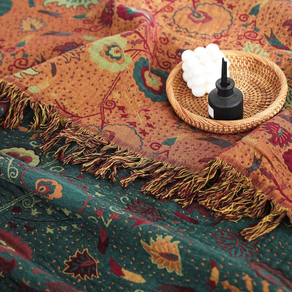 Vintage Cotton Gauze Blanket - Floral Couch Cover with Fringe
