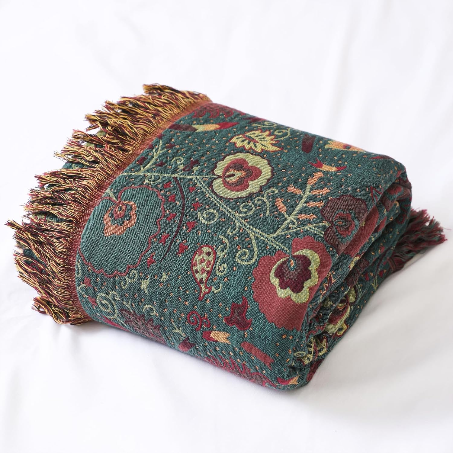 Vintage Cotton Gauze Blanket - Floral Couch Cover with Fringe