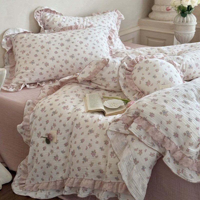 Queen Floral Bedding Set – Ruffled Cotton Muslin, Pink Flower
