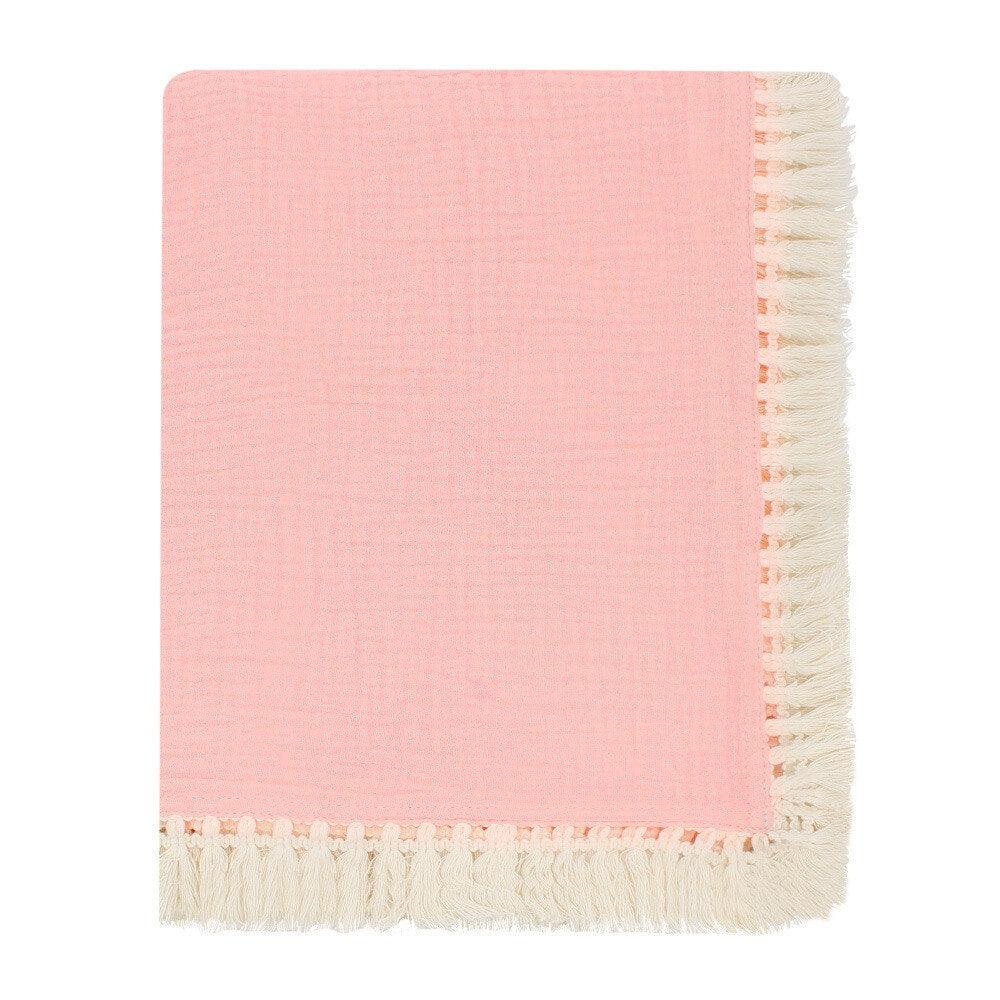 Fringe Cotton Muslin Baby Blanket Pink