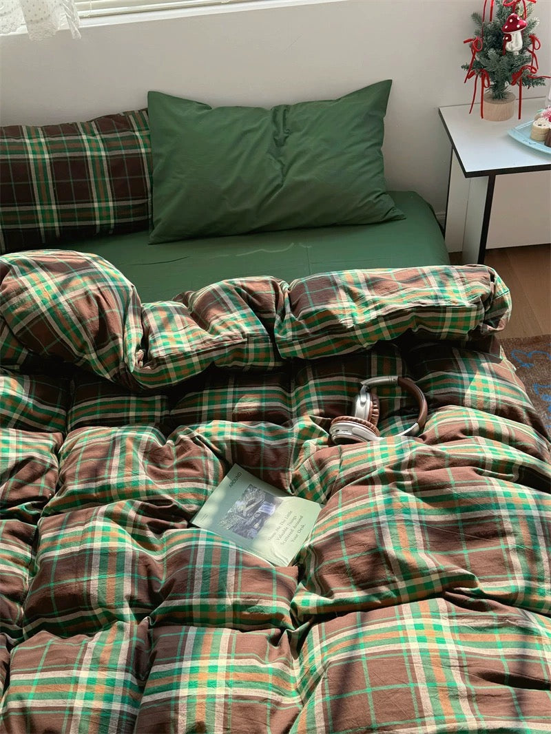 Cottagecore Aesthetic Brown Plaid Bedding Set Plaid + Green