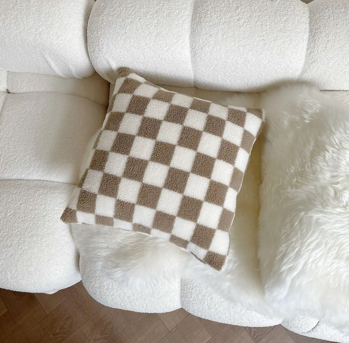 Lamb Fleece Checkerboard Pillow Brown