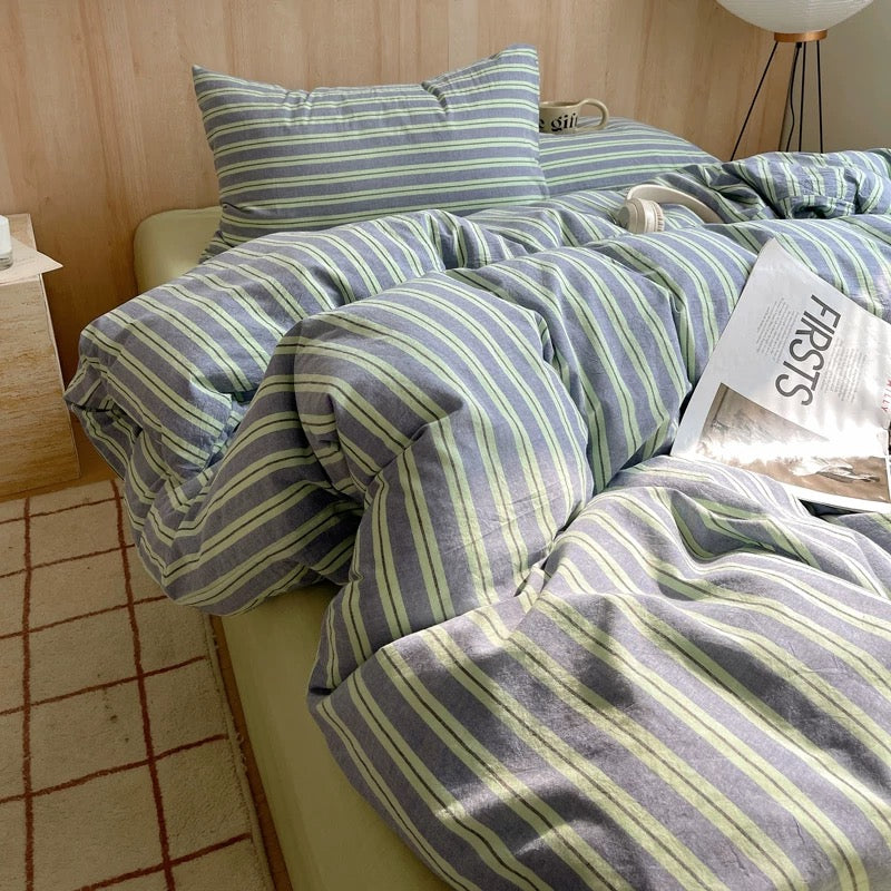 Sage Green Striped Duvet Cover Set