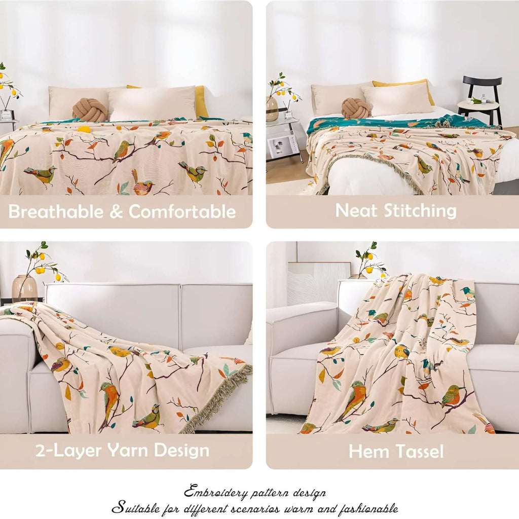 Bird Tassel Reversible Cotton Throw Blanket