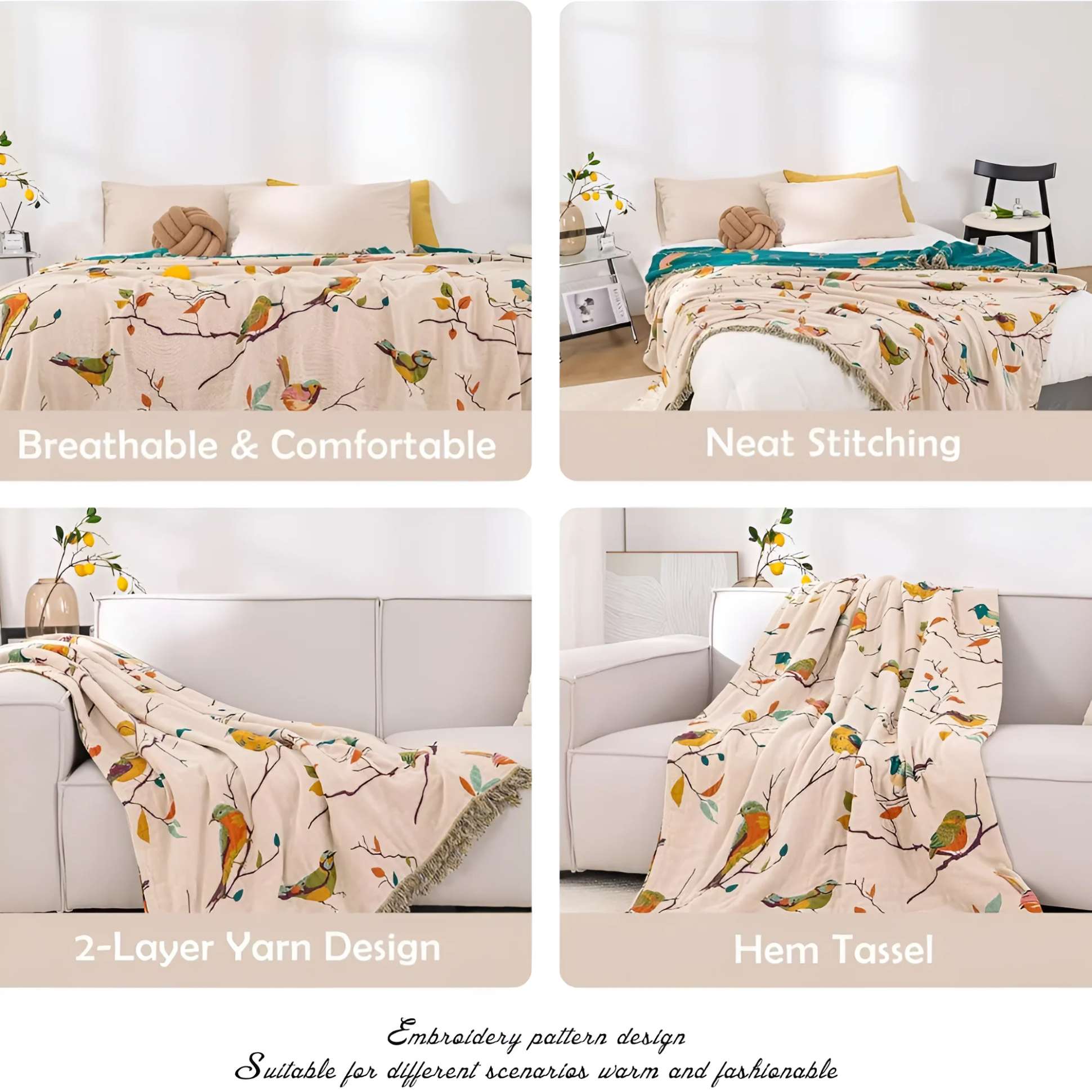 Bird Tassel Reversible Cotton Throw Blanket