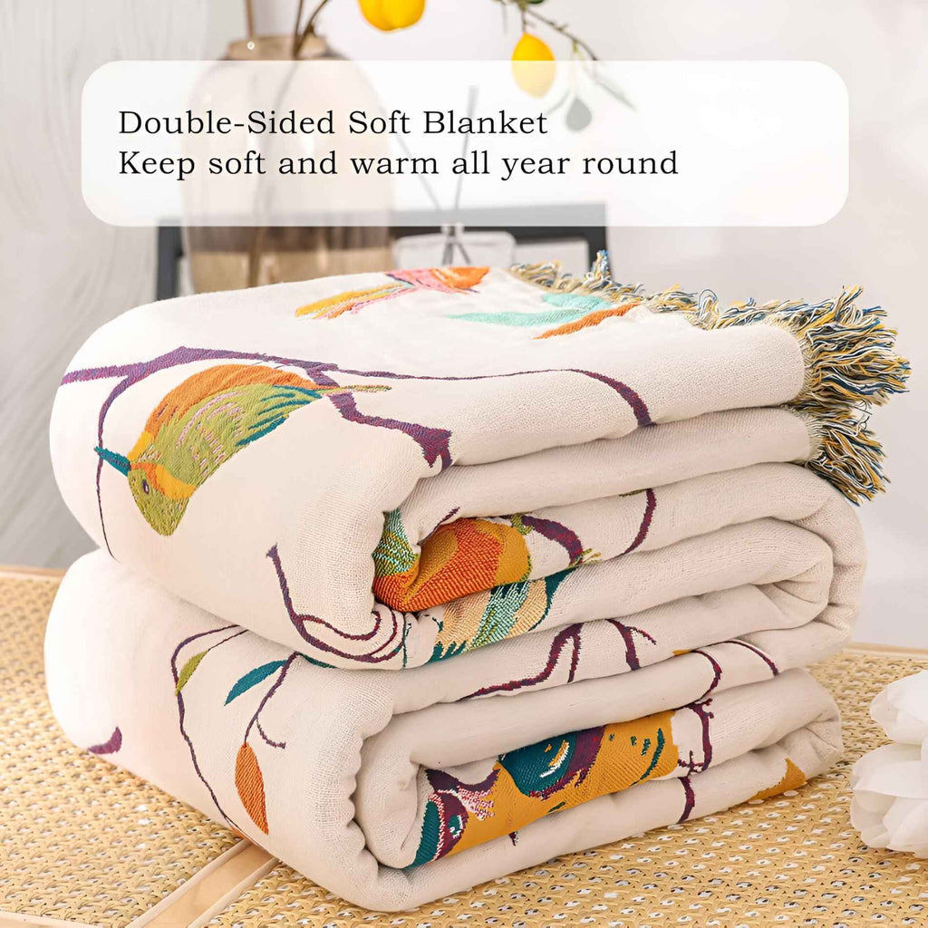 Bird Tassel Reversible Cotton Throw Blanket