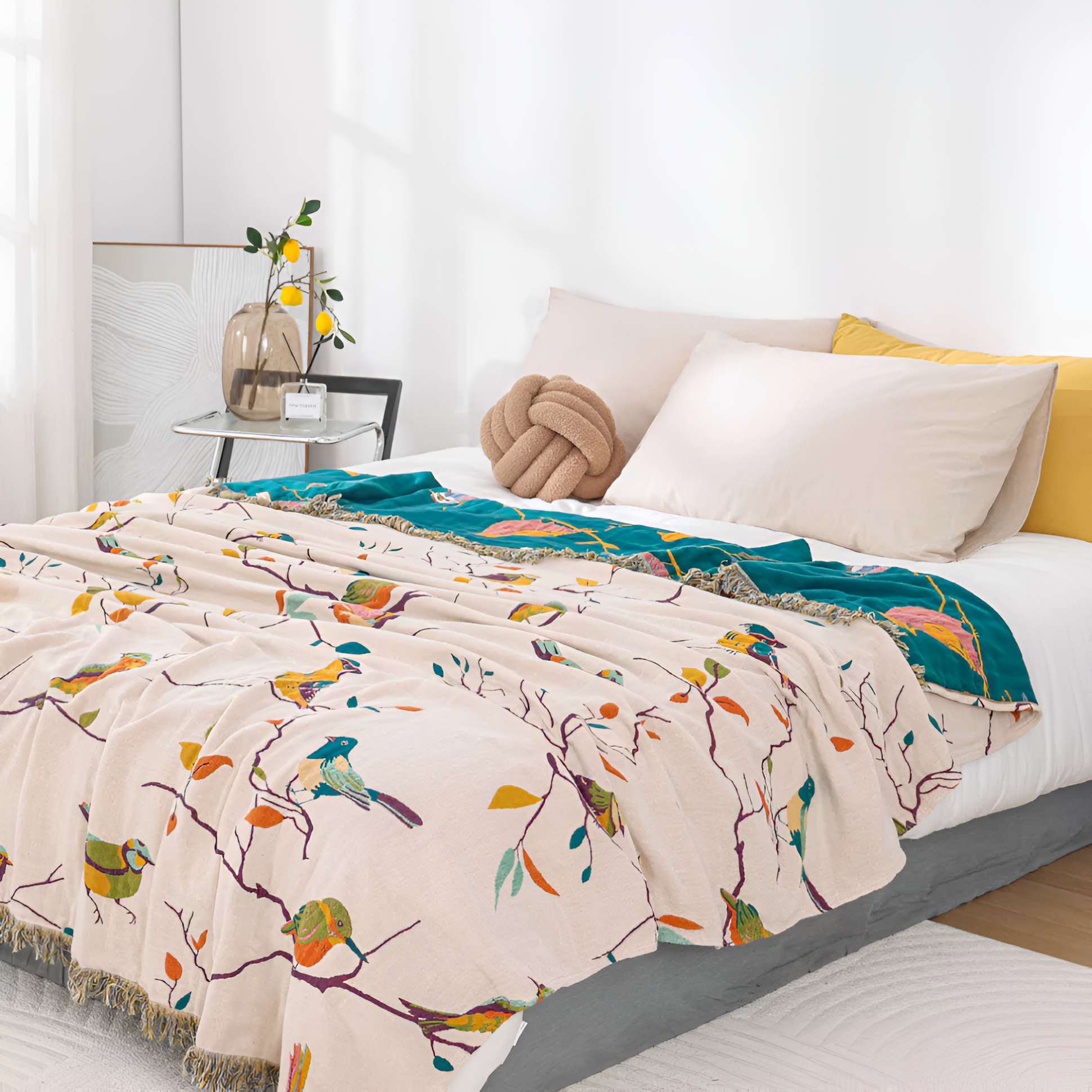 Bird Tassel Reversible Cotton Throw Blanket