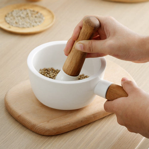 Acacia Wood & Ceramic Mortar and Pestle Herb Grinder