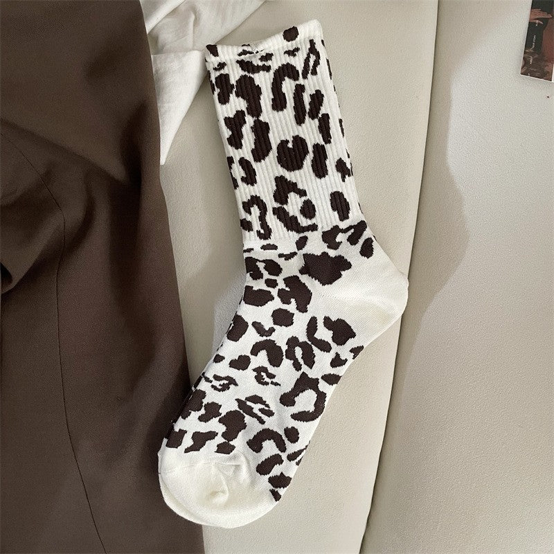 Women's Leopard Print Crew Socks White Black One Size (Women)