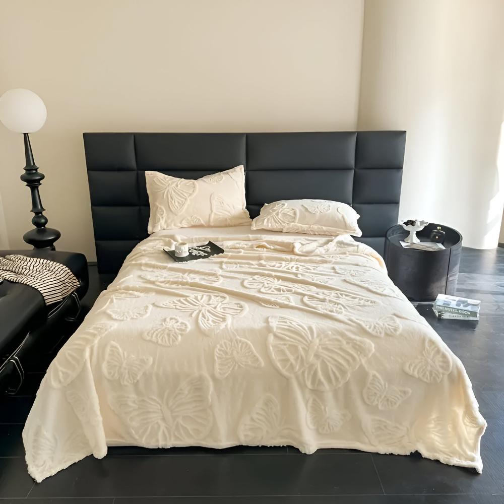 Butterfly Jacquard Flannel Blanket Ivory