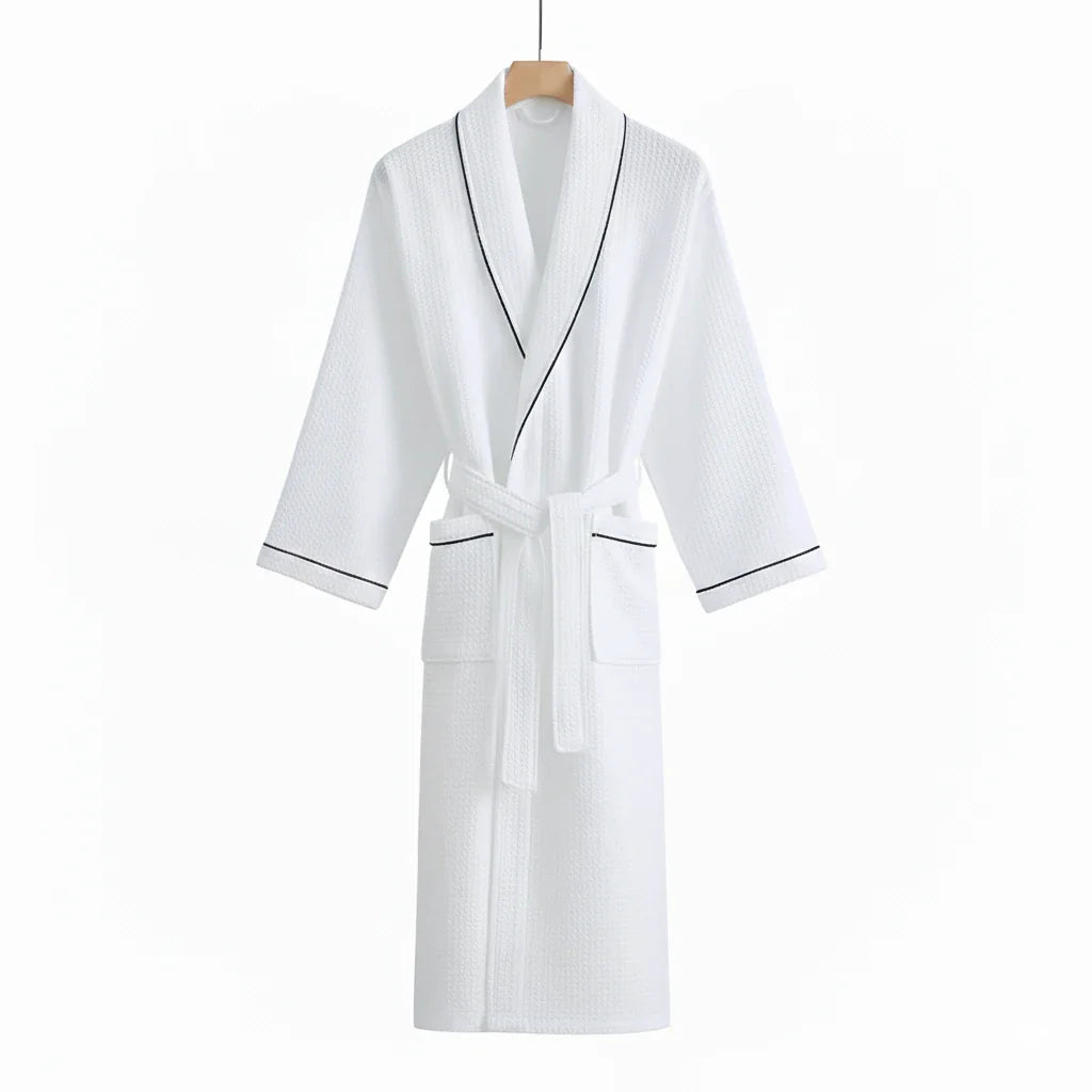 Long Sleeve Waffle Cotton Bathrobe White