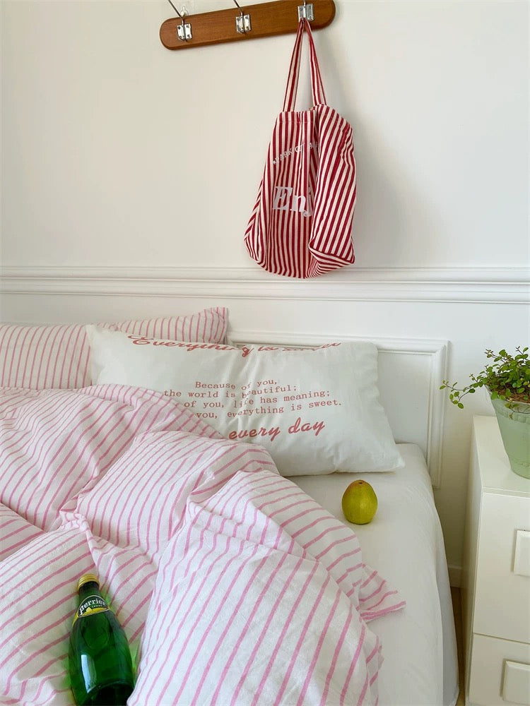Pink & White Striped Cotton Duvet Cover Set