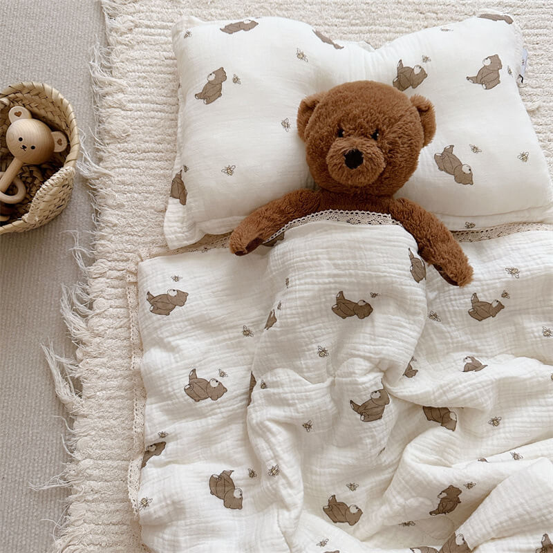 Honey Bear Toddler Comforter – Cotton Muslin with Lace Trim