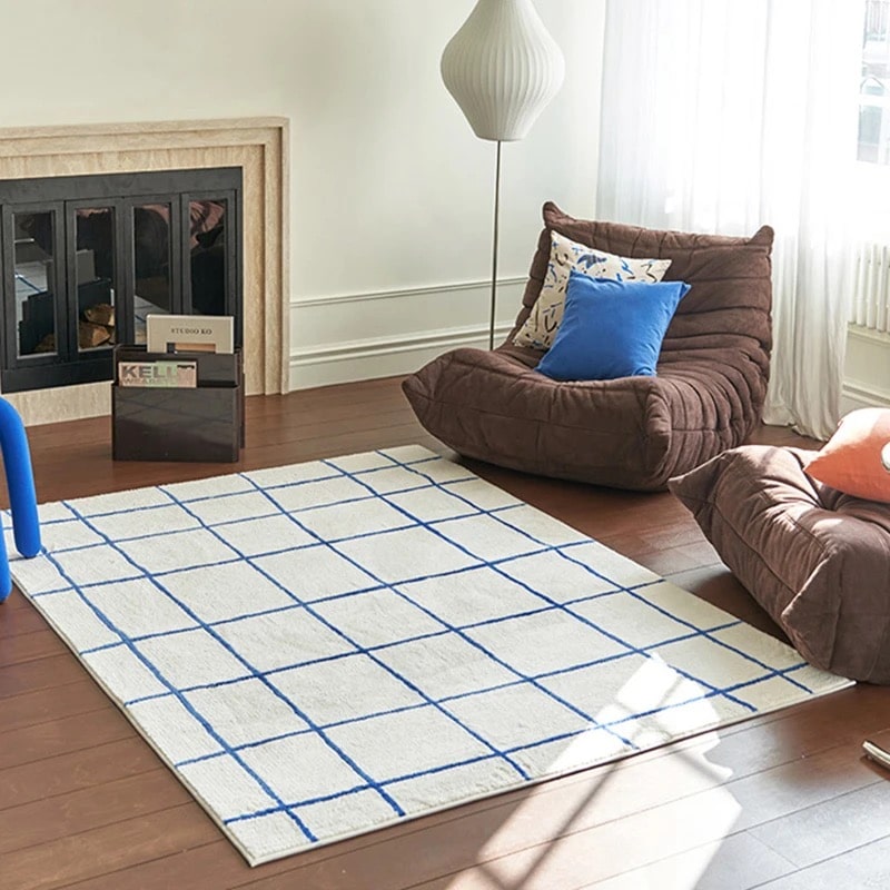 Handmade Retro Checkerboard Rug White Blue