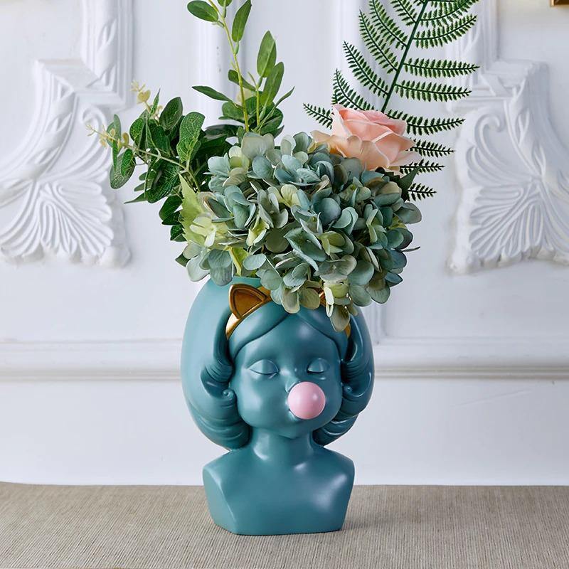 Bubbly Babe Popart Planter Vase Teal Cat
