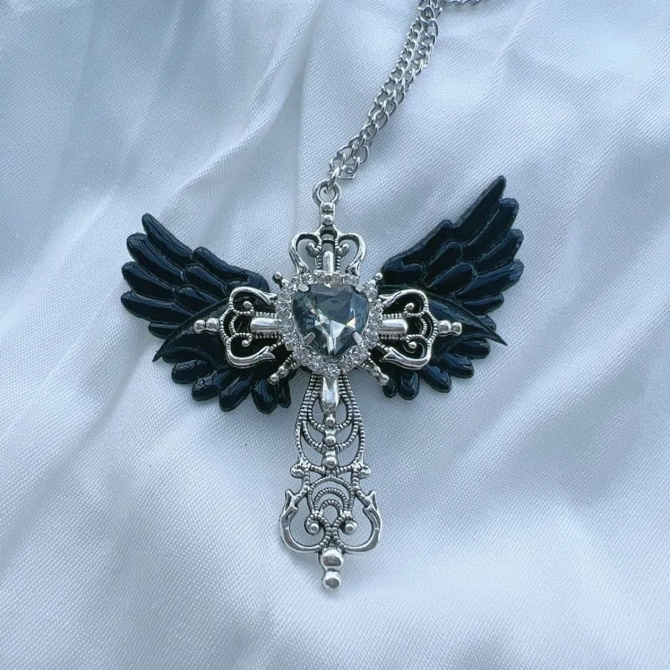 Wing Cross Necklace Black