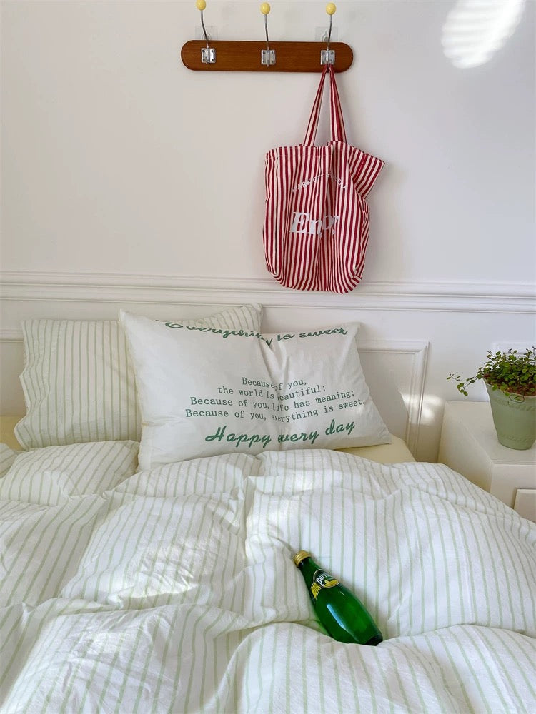 Yellow & Green Striped Cotton Duvet Cover Set